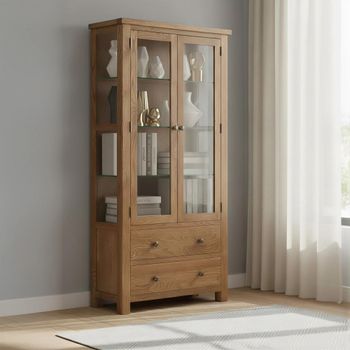 Original Rustic Oak 2 Door 2 Drawer Glazed Display Cabinet