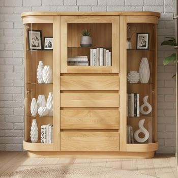 Sorento Curved Oak 3 Glass Door 4 Drawer Combi Display Cabinet