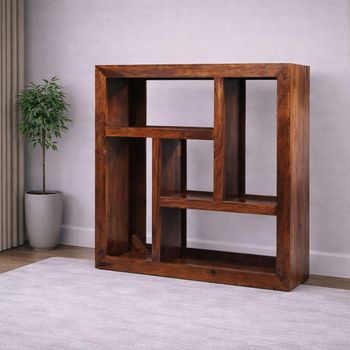 Cube Honey Lacquered Sheesham Geometric 2 Shelf Open Display Unit