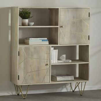 Gold Geometric Inlay Light Mango Wood 2 Door Display Cabinet with Hairpin Legs