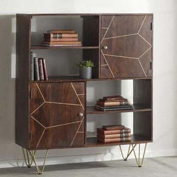 Gold Geometric Inlay Dark Mango Wood 2 Door Display Cabinet with Hairpin Legs