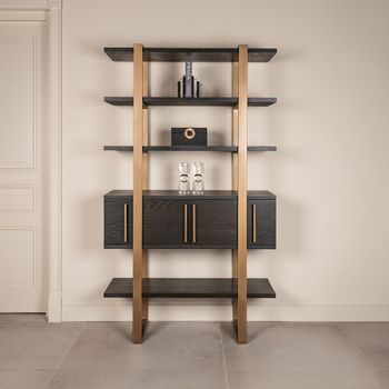 Cambon Dark Brown Oak and Brass Storage 4 Door Shelving Unit