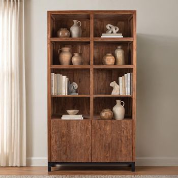 Watford Rustic Brown Wooden 2 Door 3 Open Shelves Display Cabinet