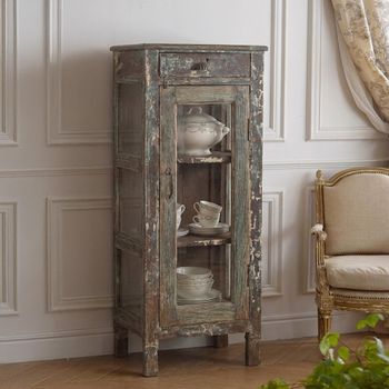 Unique One of a Kind - Distressed Vintage Brown Glass and Wood 1 Door 1 Drawer Display Cabinet