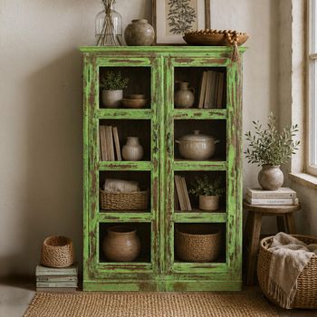 Unique One of a Kind - Distressed Vintage Green Glass and Wood 2 Door Display Cabinet