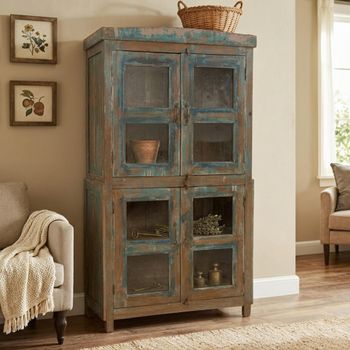 Unique One of a Kind - Distressed Vintage Blue Glass and Wood 4 Door Display Cabinet