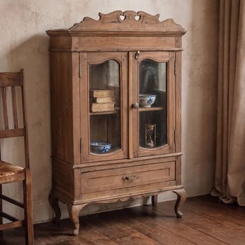 Unique One of a Kind - Carved Antique Brown Glass and Wood 2 Door 1 Drawer Display Cabinet