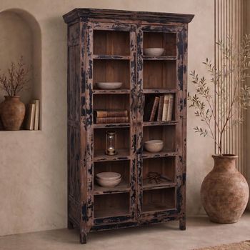 Unique One of a Kind - Distressed Vintage Brown Glass and Wood 2 Door Display Cabinet