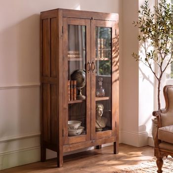 Unique One of a Kind - Handcrafted Antique Brown Glass and Wood 2 Door Display Cabinet