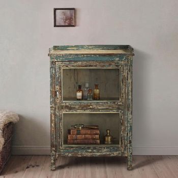Unique One of a Kind - Distressed Vintage Blue Glass and Wood 1 Door Display Cabinet