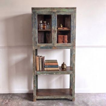 Unique One of a Kind - Distressed Blue and Green Glass and Reclaimed Wood 2 Door Display Cabinet