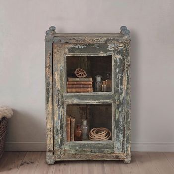 Unique One of a Kind - Distressed Vintage Grey Glass and Wood 1 Door Display Cabinet