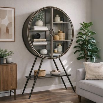 Grey Metal 2 Glass Doors 2 Door Industrial Round Display Cabinet