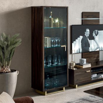 Volare Italian Walnut 1 Left Glass Door Vitrine with LED Light