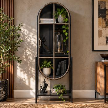 Black Metal and Glass 1 Door Industrial Arched Display Cabinet
