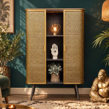 Gold Metal and Rattan 2 Door Industrial Display Cabinet