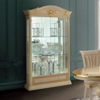 Aida Italian Ivory 2 Glass Door 1 Drawer Display Cabinet