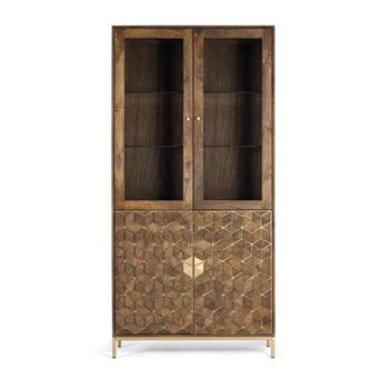 Caltan Walnut Mango Wood and Gold 4 Door Geometric Display Cabinet