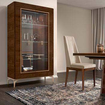 Modern Eva 2 Door Vitrine Walnut with Gold Trim 2 Glass Door