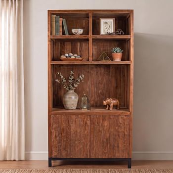 Watford Rustic Brown Wooden 2 Door 2 Open Shelves Display Cabinet