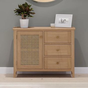 Henley Oak and Rattan 1 Door 3 Drawer Small Sideboard