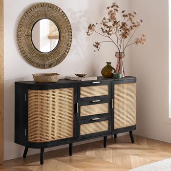 Noah Black and Rattan 150cm 2 Door Medium Sideboard