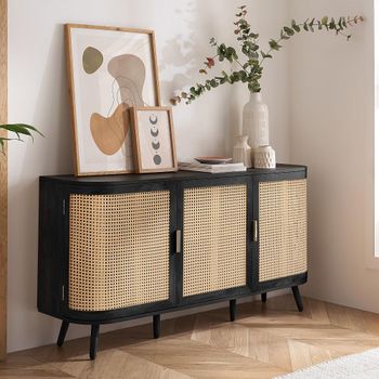 Noah Black and Rattan 150cm 3 Door Medium Sideboard