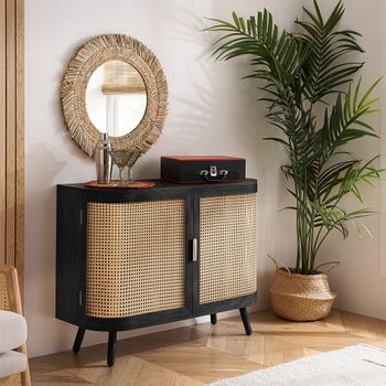 Noah Black and Rattan 100cm 2 Door Small Sideboard