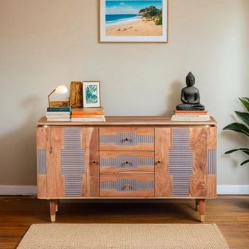 Wilton Gold Trim Acacia Wood Ribbed 2 Door 3 Drawer Medium Sideboard
