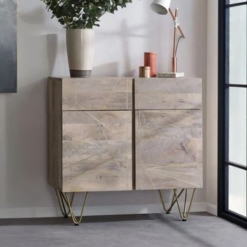 Gold Geometric Inlay Light Mango Wood 2 Door 2 Drawer Small Sideboard with Hairpin Legs