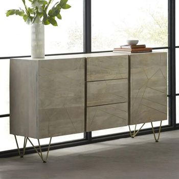 Gold Geometric Inlay Light Mango Wood 2 Door 3 Drawer Large Sideboard with Hairpin Legs