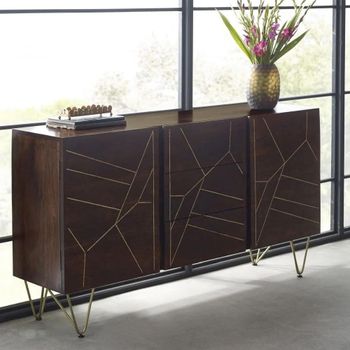 Gold Geometric Inlay Dark Mango Wood 2 Door 3 Drawer Large Sideboard with Hairpin Legs
