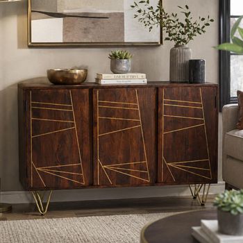 Gold Geometric Inlay Dark Mango Wood 3 Door Medium Sideboard with Hairpin Legs
