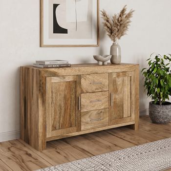 Cube Natural Mango Wood 120cm 3 Drawer Small Sideboard