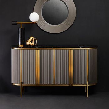 Dervio Grey Fluted Black Marble Top 160cm 4 Door Large Curved Sideboard