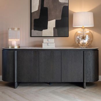 Langford Brown Ceramic and Oak 5 Door Large Curved Sideboard