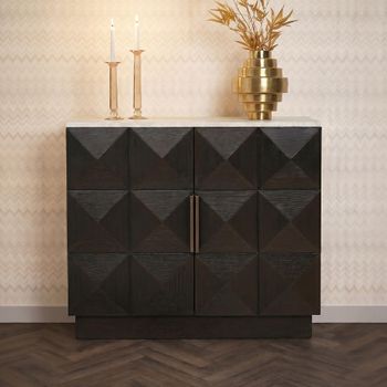 Claremont Dark Wood 2 Door Small Geometric Sideboard with Travertine Top