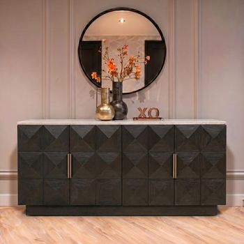 Claremont Dark Wood 4 Door Extra Large Geometric Sideboard with Travertine Top