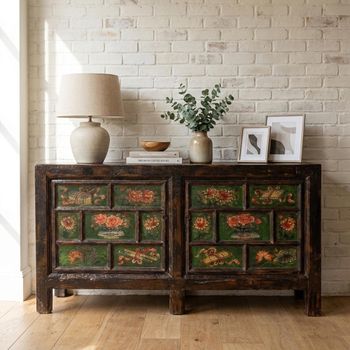 Unique One of a Kind - Hand Painted Oriental Style Antique Brown Wooden 161cm 2 Door Large Sideboard
