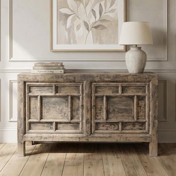 Unique One of a Kind - Distressed Geometric Design Grey Elm Wood 144cm 2 Door Medium Sideboard