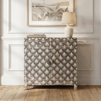 Unique One of a Kind - Distressed Patterned Grey Elm Wood 98cm 2 Door 2 Drawer Small Sideboard