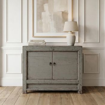 Unique One of a Kind - Distressed Grey Lacquered Pine Wood 96cm 2 Door Small Sideboard