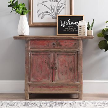 Unique One of a Kind - Distressed Red Elm Wood 107cm 2 Door 1 Drawer Small Sideboard