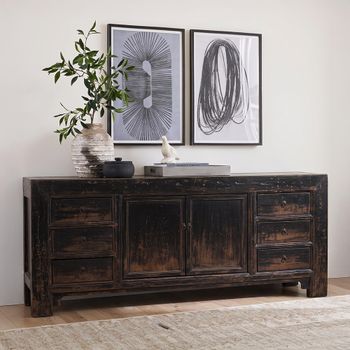 Unique One of a Kind - Distressed Black Elm Wood 198cm 2 Door 6 Drawer Extra Large Sideboard