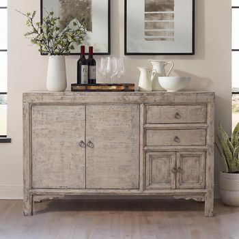 Unique One of a Kind - Distressed White Washed Wooden 122cm 4 Door 2 Drawer Medium Sideboard