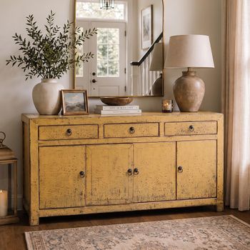 Unique One of a Kind - Distressed Mustard Yellow Wooden 156cm 4 Door 3 Drawer Medium Sideboard