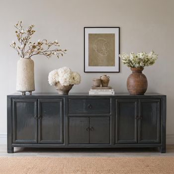 Unique One of a Kind - Painted Blue Lacquered Pine Wood 177cm 6 Door 1 Drawer Large Sideboard
