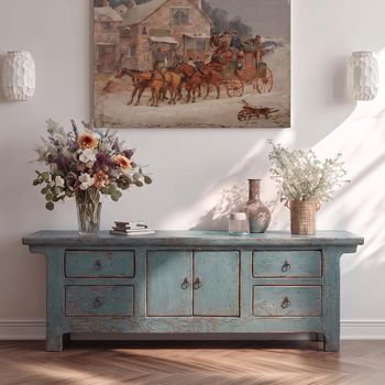 Unique One of a Kind - Distressed Green Wooden 173cm 2 Door 4 Drawer Large Sideboard