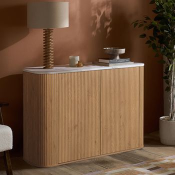 Russo White Marble Top and Natural Wooden 120cm 2 Door Small Curved Sideboard with Fluted Base