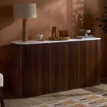 Russo White Marble Top and Walnut Wooden 160cm 3 Door Medium Curved Sideboard with Fluted Base